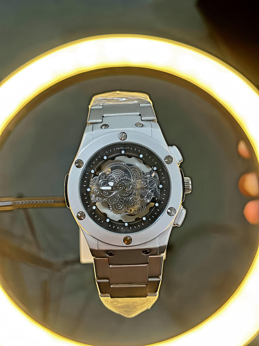 Hublot-Inspired Skeleton  Watch – Silver Stainless Steel Edition