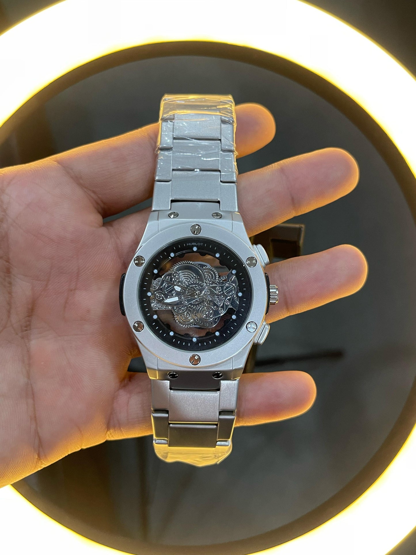 Hublot-Inspired Skeleton  Watch – Silver Stainless Steel Edition