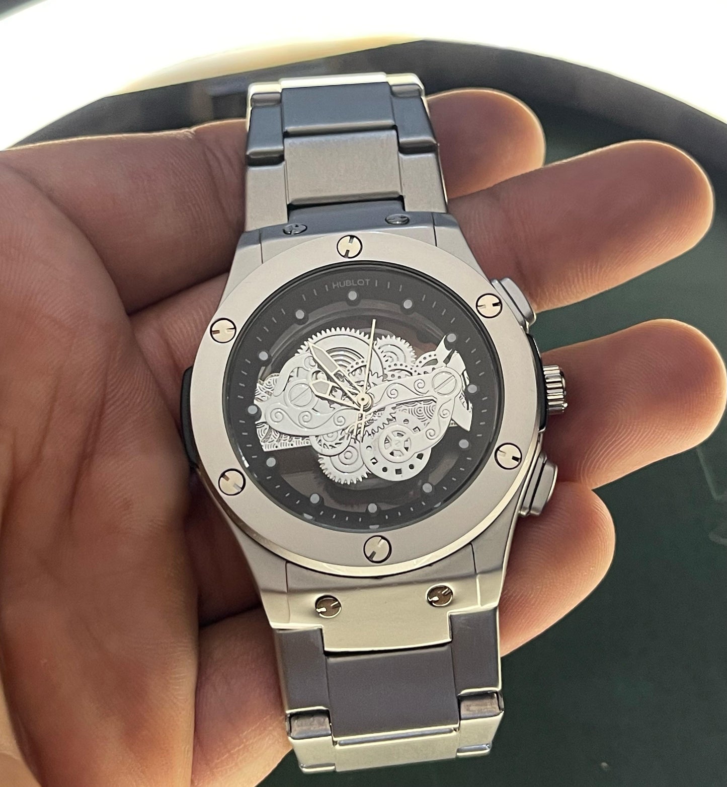 Hublot-Inspired Skeleton  Watch – Silver Stainless Steel Edition